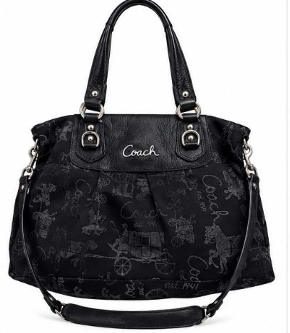 Coach Black Signature Carriage Print Nylon Satchel Tote Bag